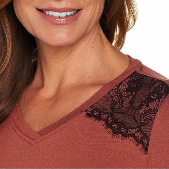 LOGO by Lori Goldstein Rust Top with Black Lace - Picture 3 of 14